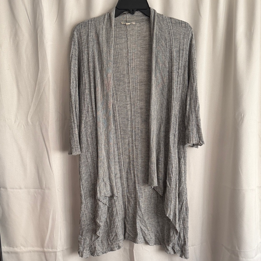 EILEEN FISHER Gray Linear Ribbed Waterfall Linen Blend Cardigan Elbow Length S